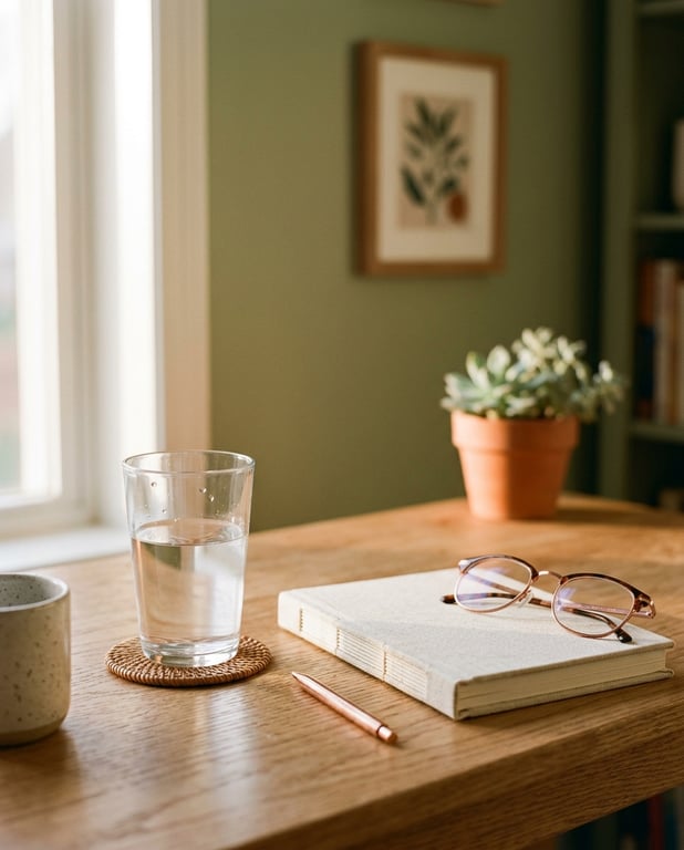 A linen notebook, reading glasses and a glass of water on a sunlit desk