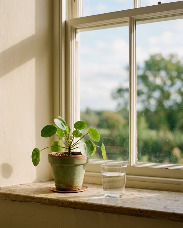 A single potted plant and a glass of water on a sunlit windowsill