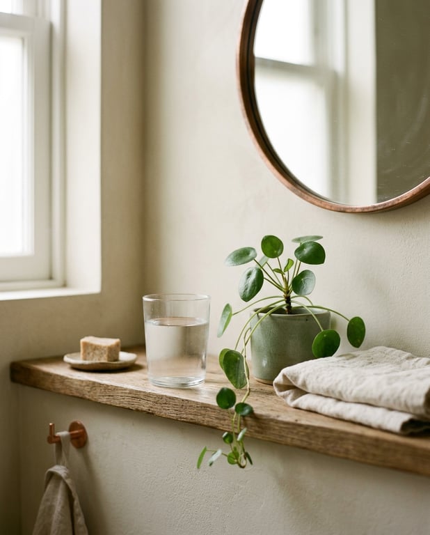 A calm bathroom shelf with a glass of water, a small plant and folded linen in morning light