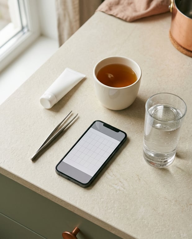 A cream, a cup of tea, tweezers, a calendar app and a glass of water on a kitchen counter