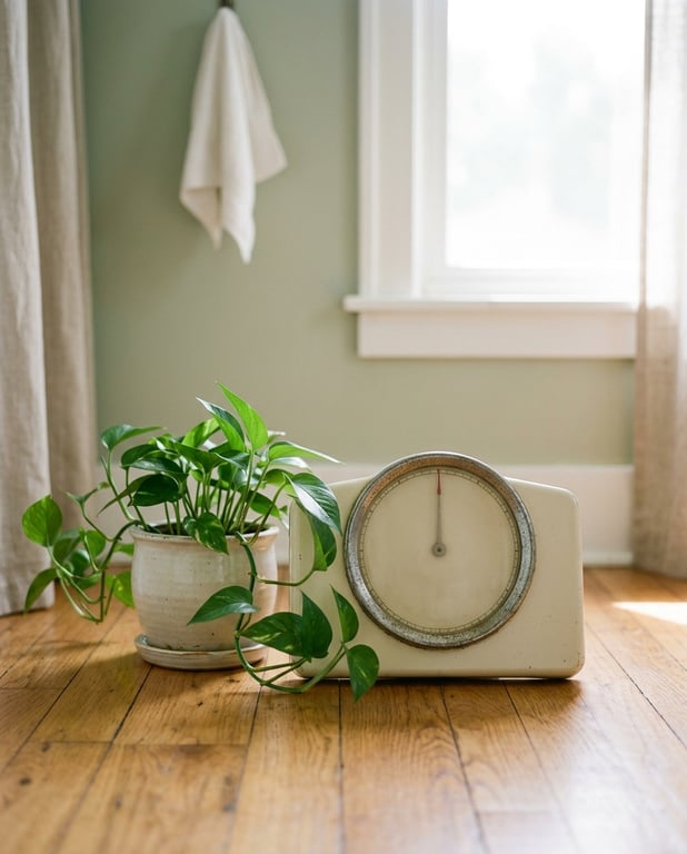 A vintage analog bathroom scale and a trailing green plant on a wood floor in soft morning light