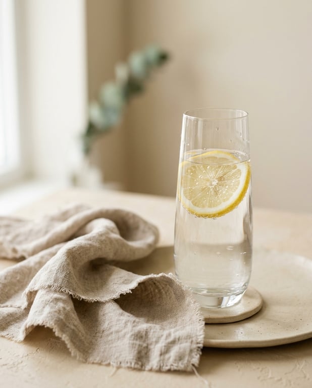 A tall glass of lemon water beside a folded linen napkin in soft morning light