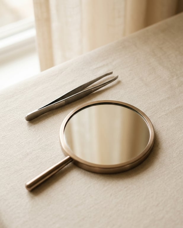 Slim metal tweezers and a small round hand mirror on a linen surface in morning light