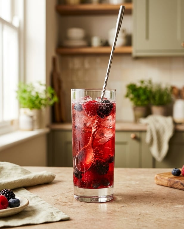 A tall glass of berry-red Milamend drink mid-stir on a morning kitchen counter