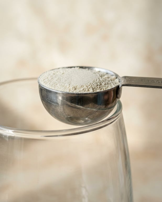 A steel measuring scoop of powder leveled over a glass