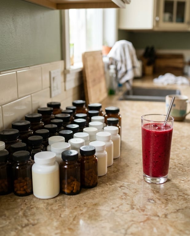 A cluster of unbranded pill bottles crowding a counter, one prepared drink standing apart
