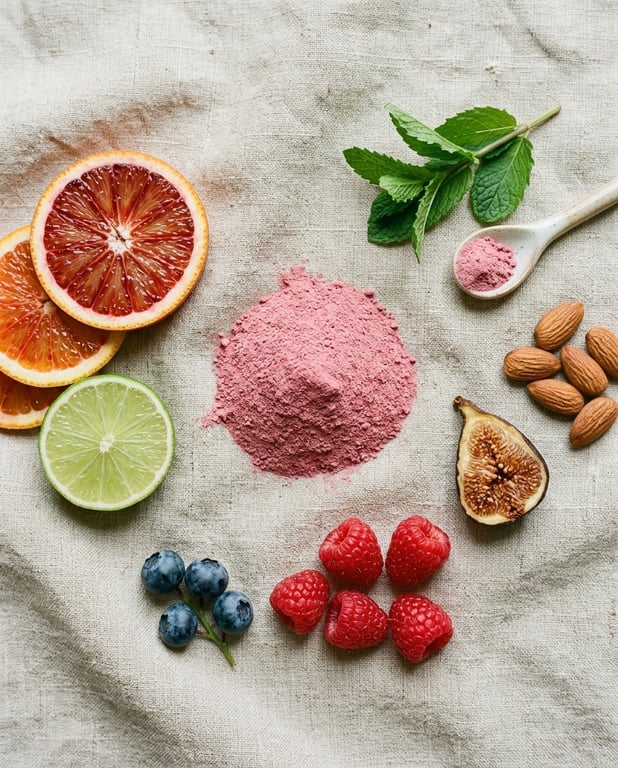 Macro flatlay of fine powder with citrus and whole-food elements on linen