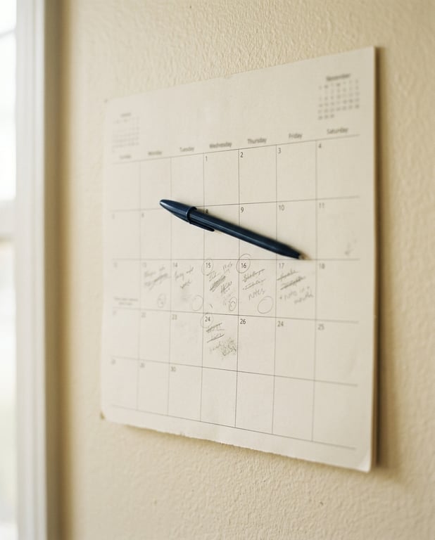 A paper wall calendar with faint pen marks and a pen resting on it, morning light