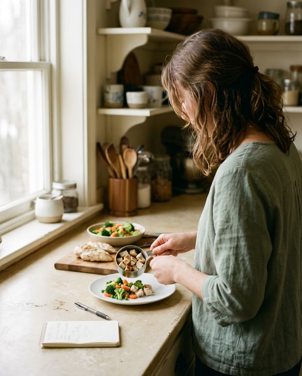 A woman portioning a plain lunch onto a plate at her kitchen counter in the morning