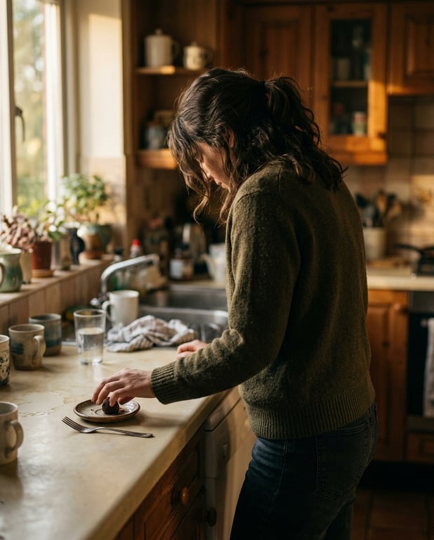 A woman reaching for something sweet at her kitchen counter in the low light of late afternoon