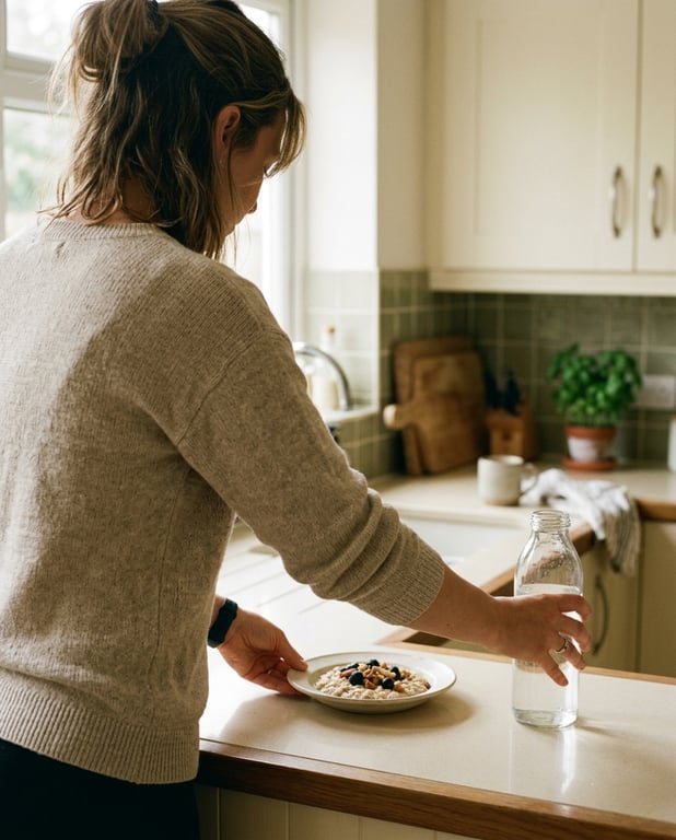 A woman at her kitchen counter setting down a fitness tracker, a plate and a water bottle at once
