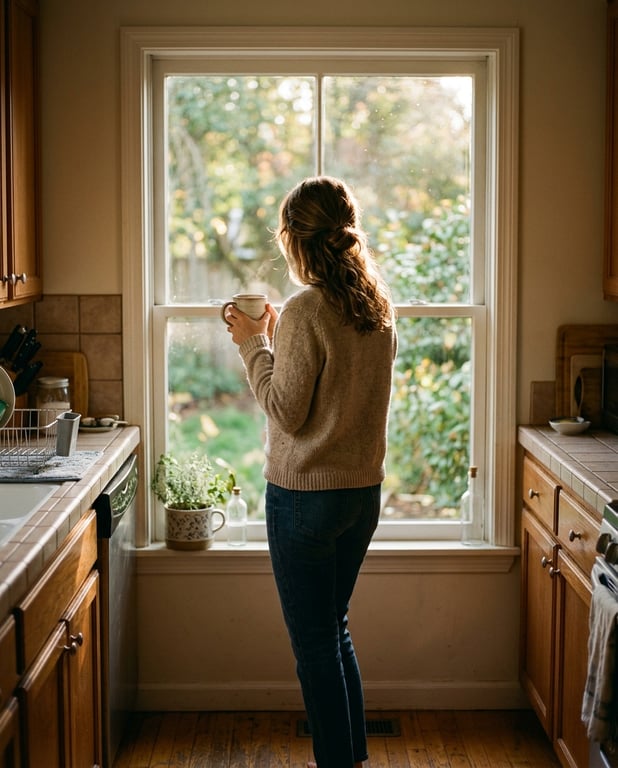 A woman standing calmly at a sunlit kitchen window in the morning, holding a warm mug