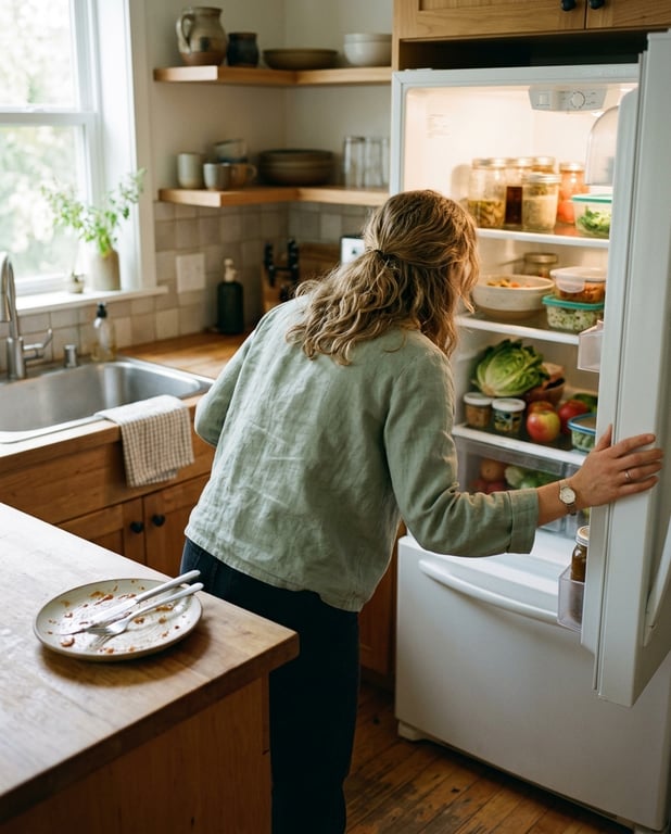 A woman looking into an open refrigerator, her finished lunch plate still on the counter behind her