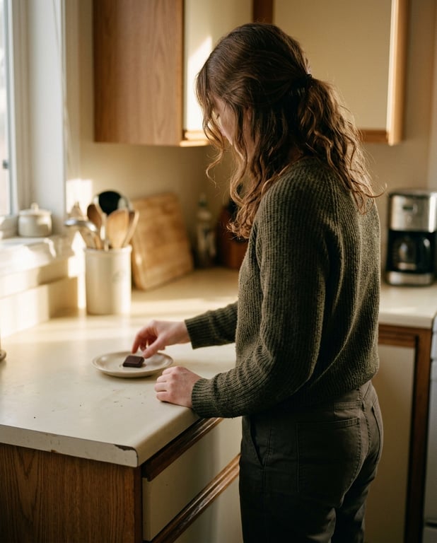A woman at her kitchen counter reaching for a square of chocolate in the low light of mid-afternoon