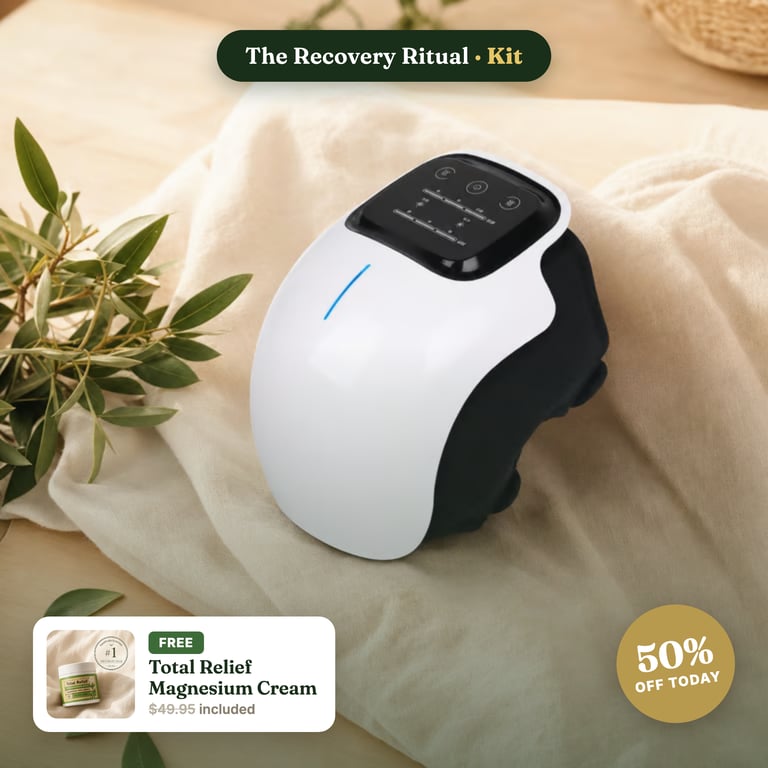 The cordless heated Neuropura knee massager with the Total Relief cream