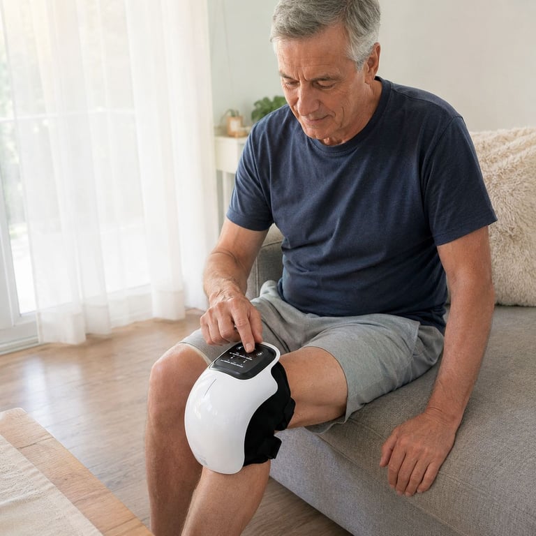 An older man using the cordless heated Neuropura Knee Massager at home, fifteen minutes in his chair
