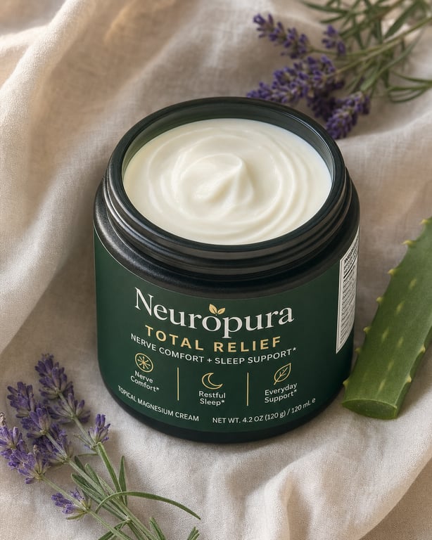 The open Neuropura Total Relief jar with botanicals