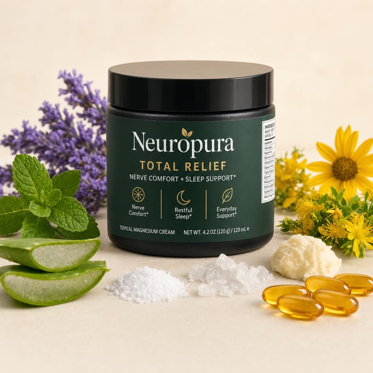 The open Neuropura Total Relief jar with botanicals