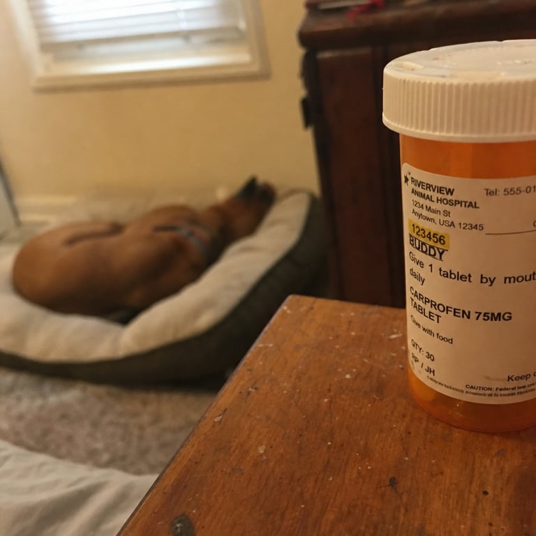 Prescription medication bottle on nightstand near dog bed