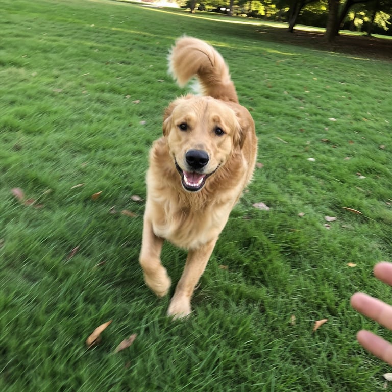 Happy dog running through grass