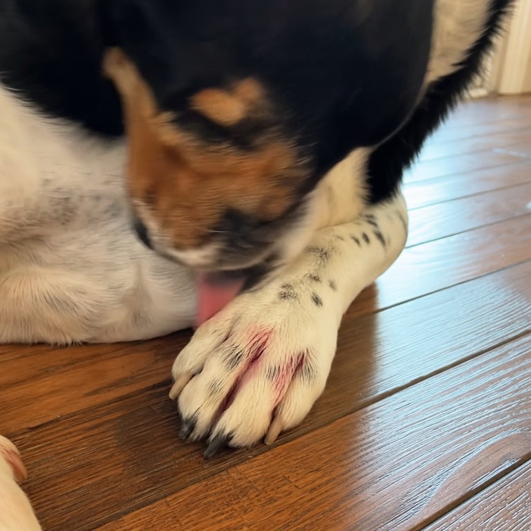Dog paw close up, slightly irritated, dog licking