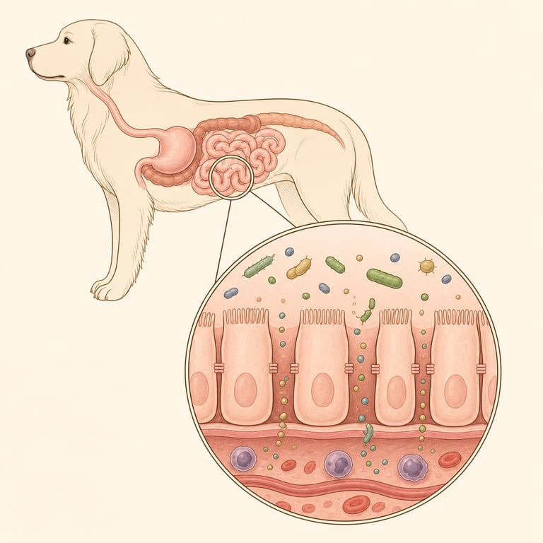 Illustration of dog digestive system showing gut lining
