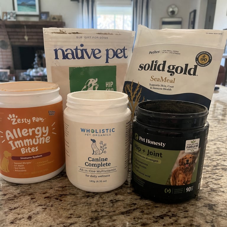 Counter with multiple dog supplement bottles, some half-used
