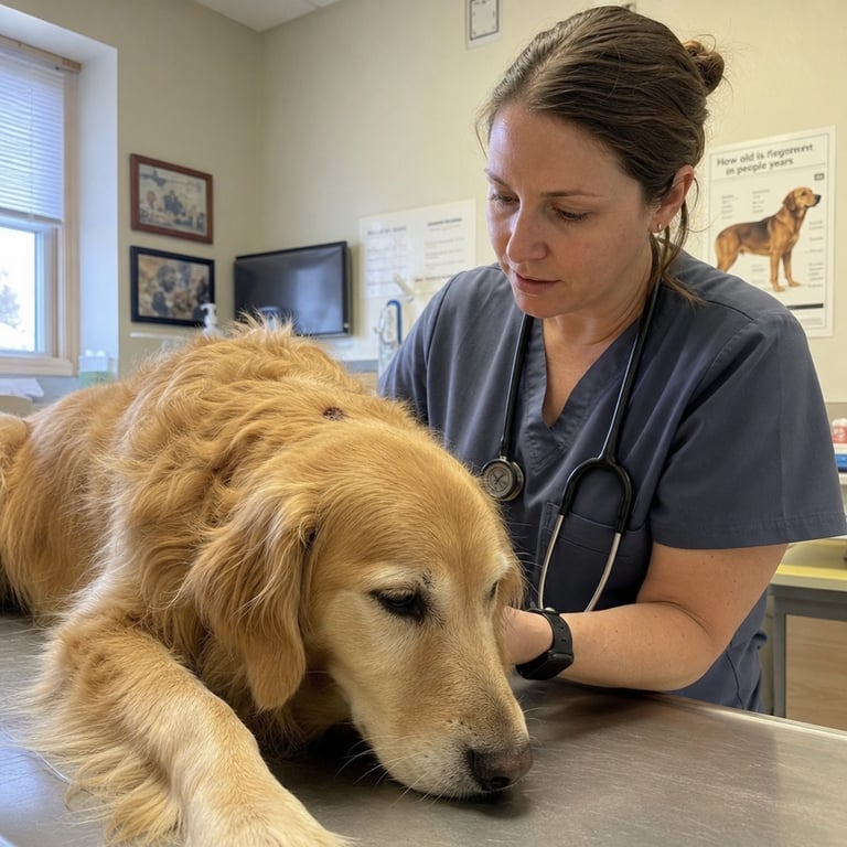 Veterinarian examining a golden retriever in a clinic