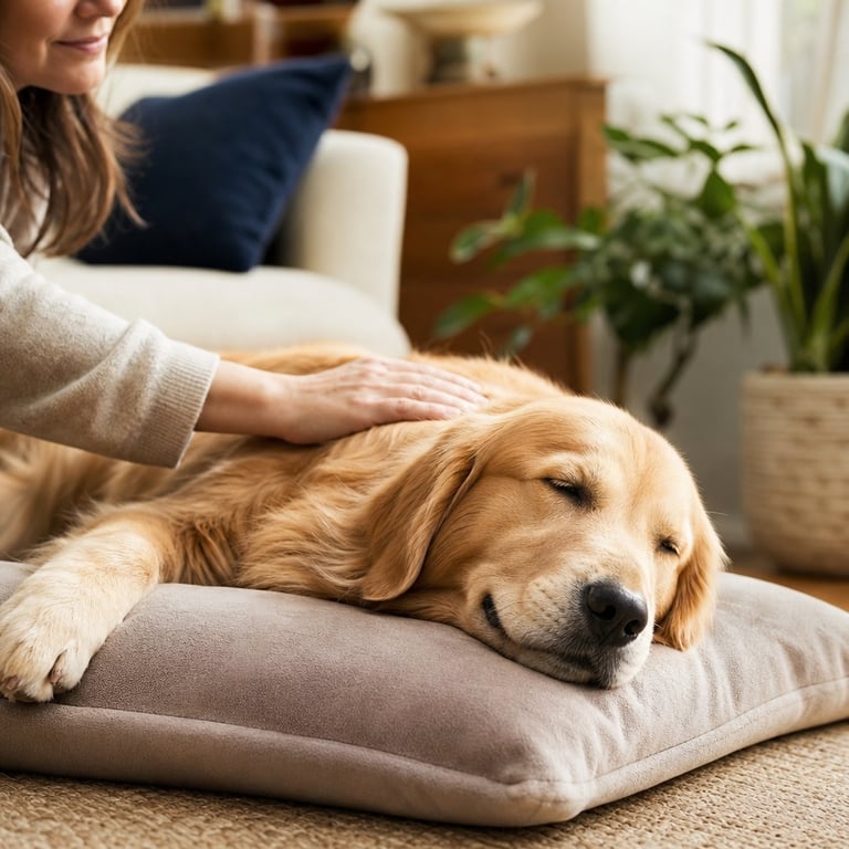 Happy relaxed golden retriever lying peacefully, not scratching