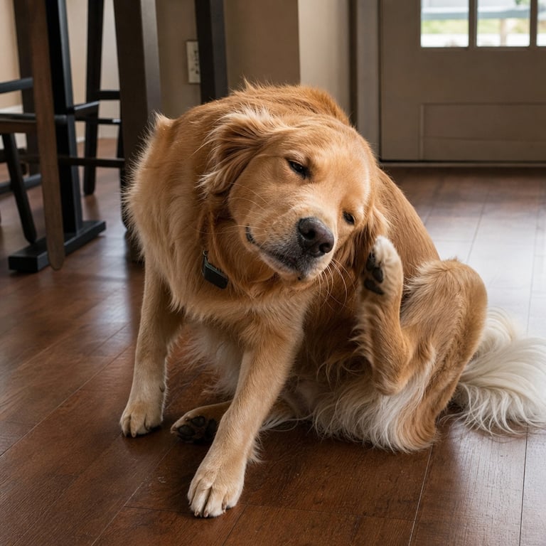 Dog scratching, looking uncomfortable and restless
