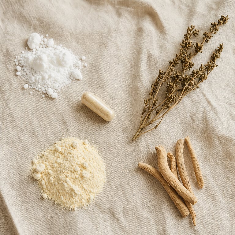 Five natural supplement ingredients laid out on a warm linen surface