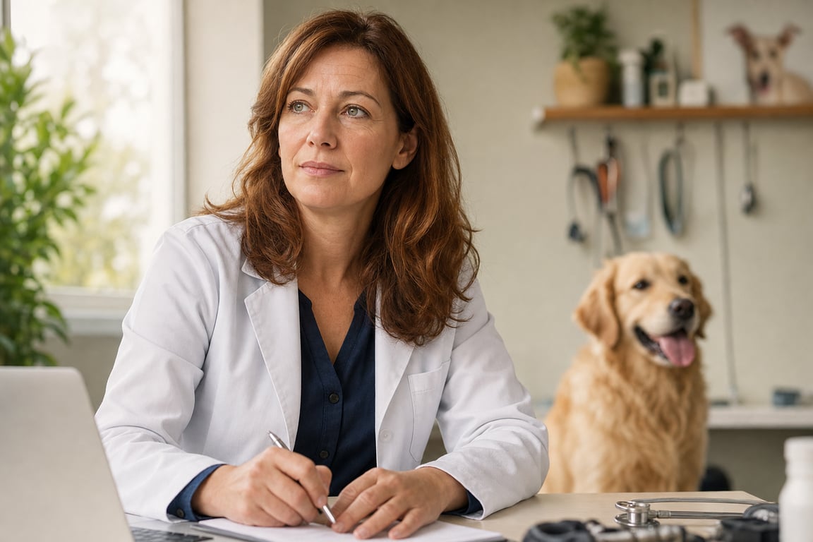 Veterinarian Dr. Sarah Jennings sitting at her clinic desk, thoughtful expression, golden retriever in background