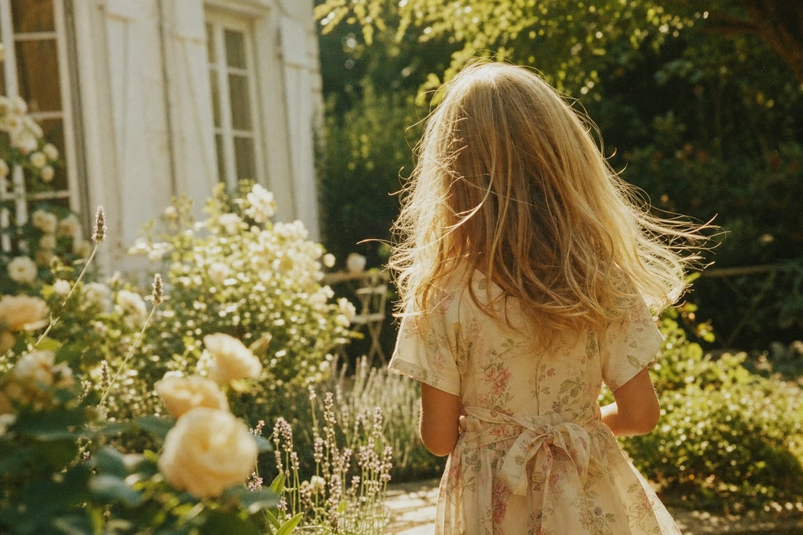 A blonde child in a sunlit summer garden, hair glowing in the light