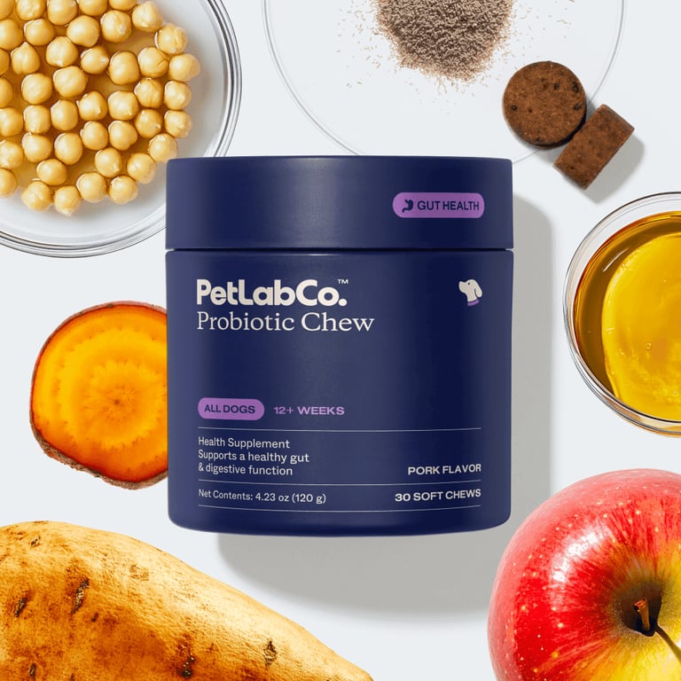 The PetLabCo. Probiotic Chew tub photographed among its real ingredients
