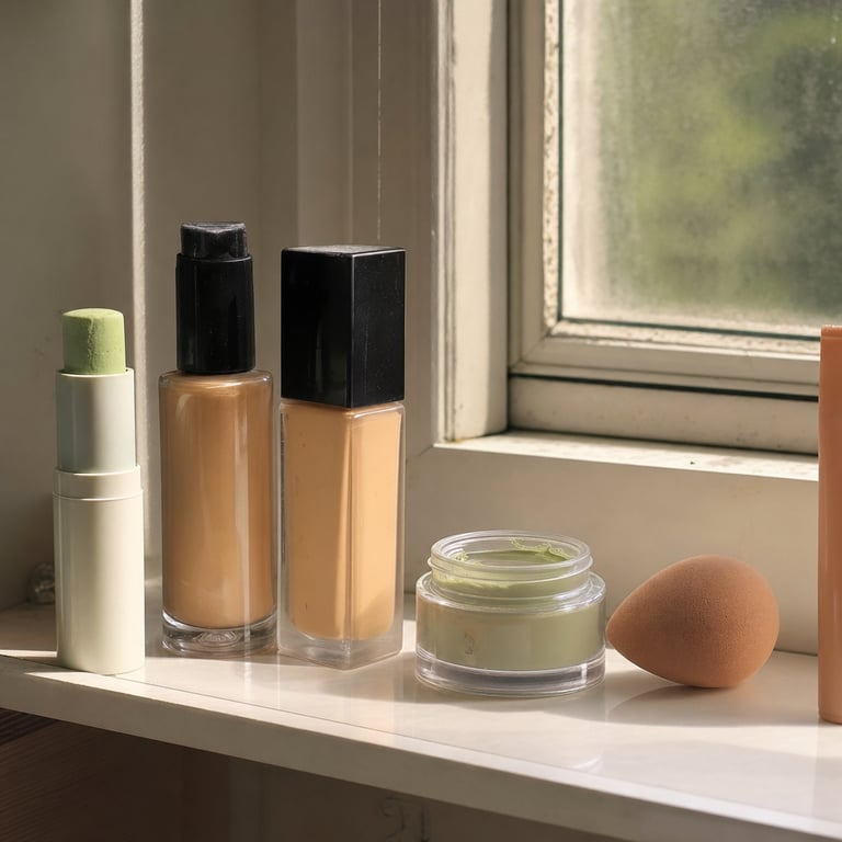 A shelf of green color-correcting makeup used to hide redness