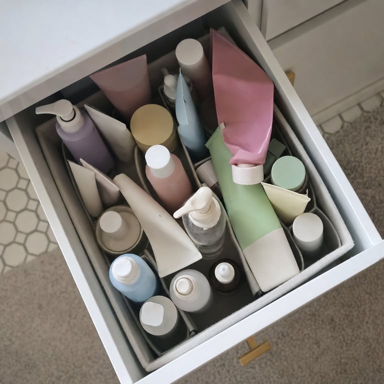 A drawer of half-used gentle skincare products