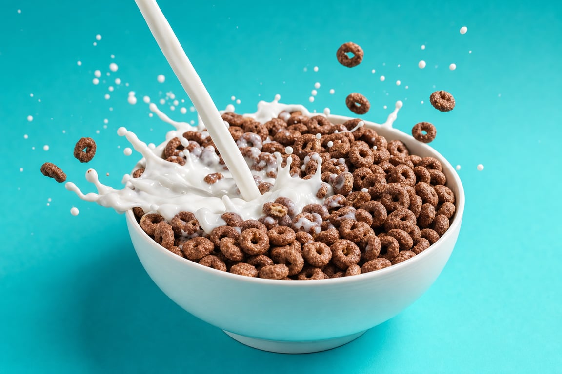 A bowl of Surreal chocolate cereal with milk