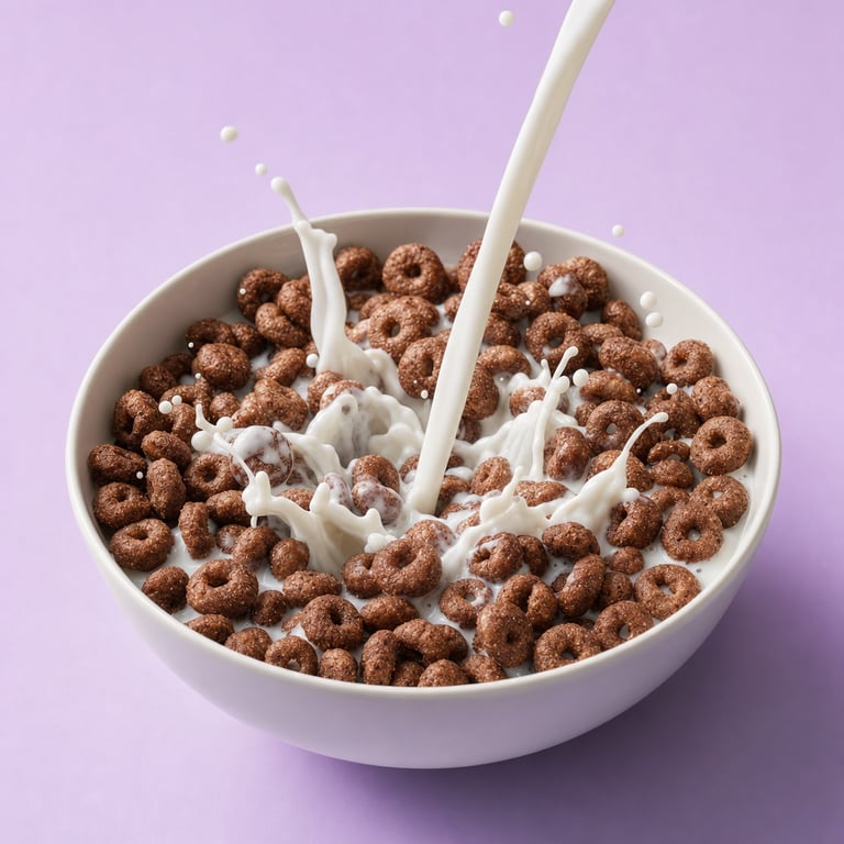 Creamy milk being poured over a bowl of Surreal chocolate cereal