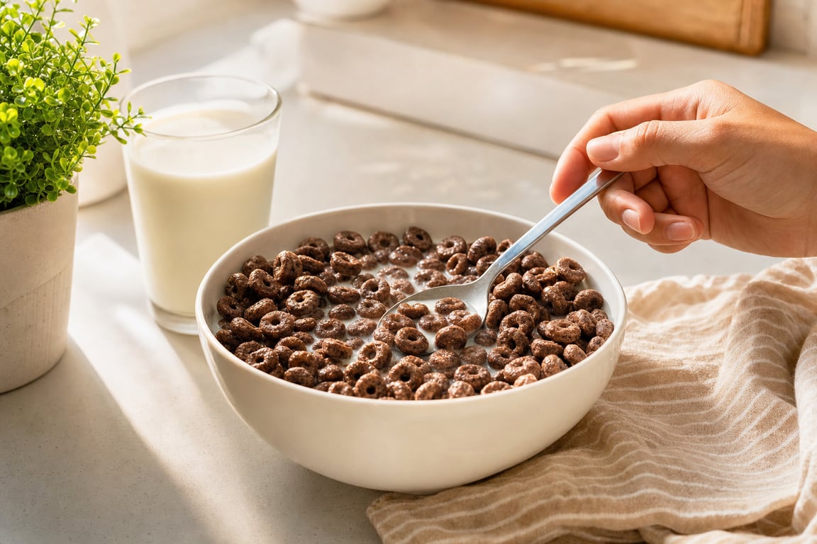 A sunlit breakfast table with a bowl of Surreal chocolate cereal and a glass of milk