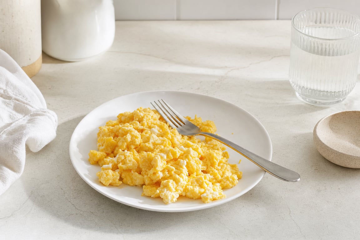A plain plate of scrambled eggs, the same tired breakfast every morning