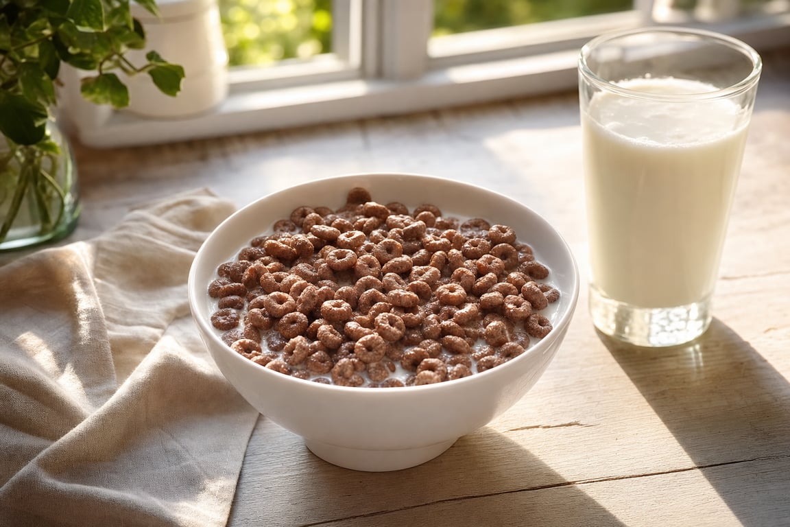 A bowl of Surreal chocolate cereal with milk by a sunny kitchen window in the morning