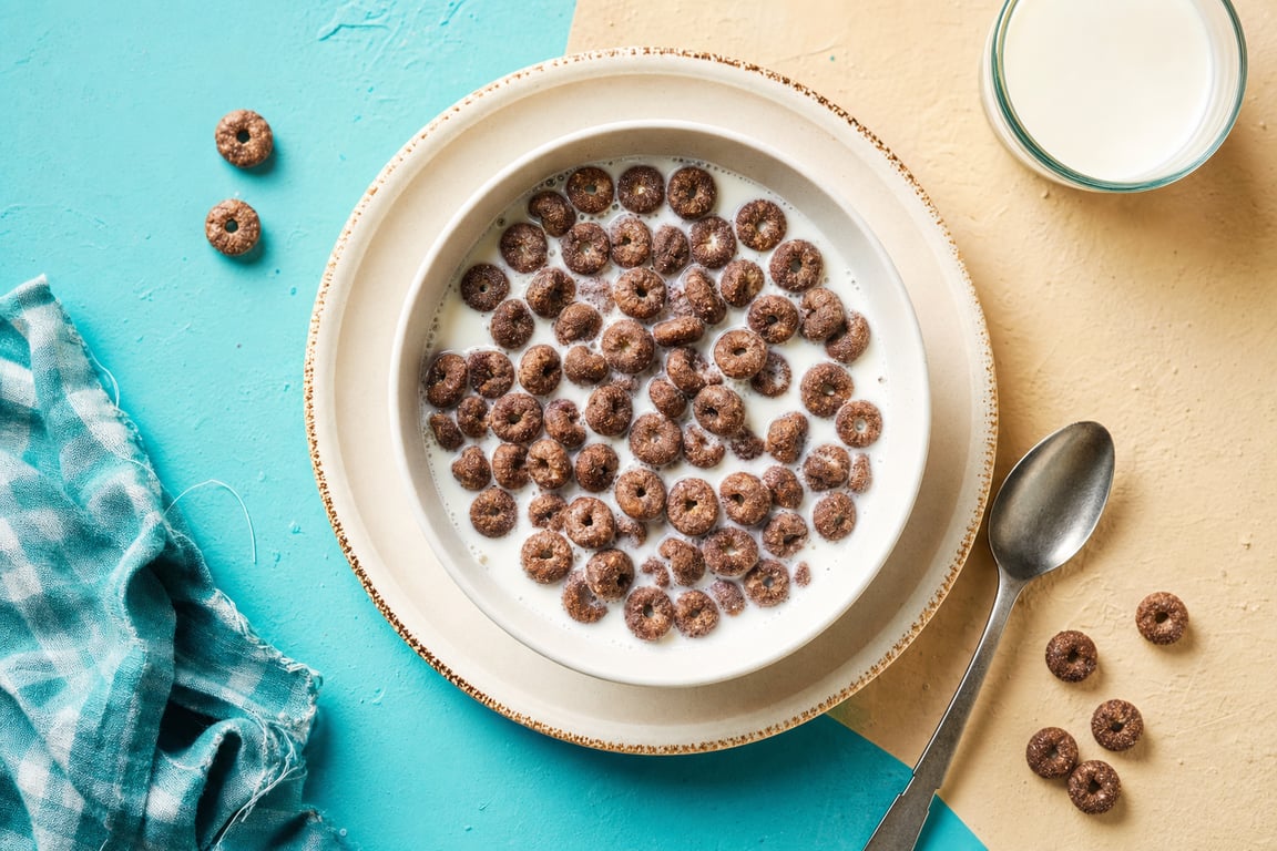An overhead breakfast flat-lay of a bowl of Surreal chocolate cereal with milk