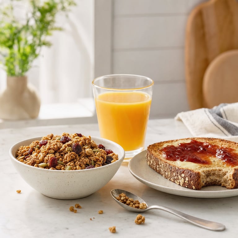 A typical healthy-looking breakfast of granola, toast with jam and orange juice that quietly spikes blood sugar