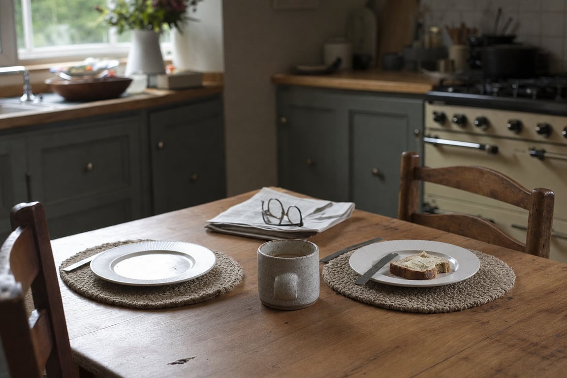 A quiet kitchen breakfast table set for two in soft morning light