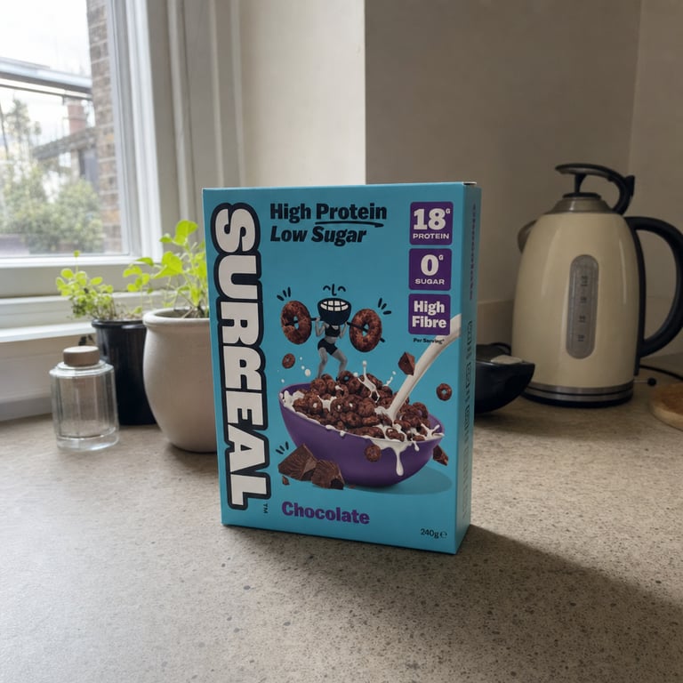 A single Surreal Chocolate cereal box on a kitchen counter