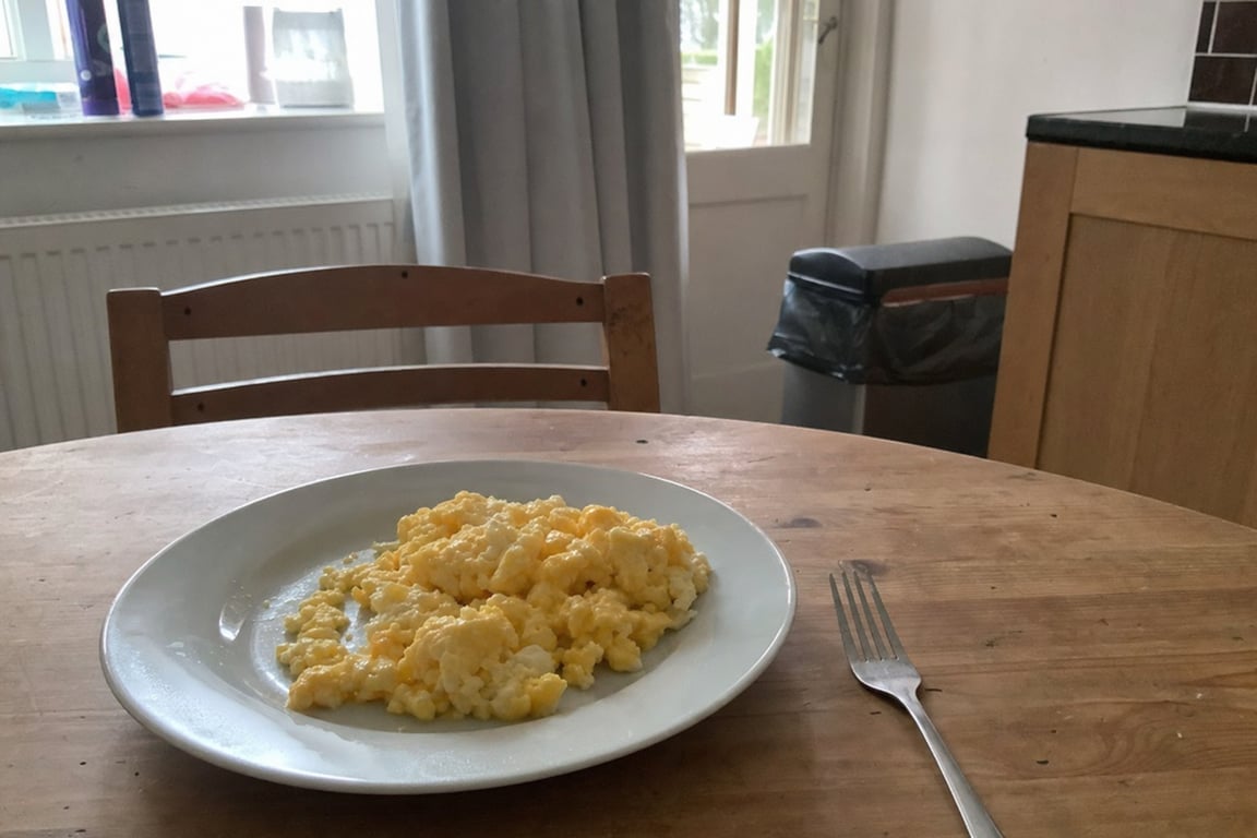 A plain plate of scrambled eggs, the same tired breakfast every morning