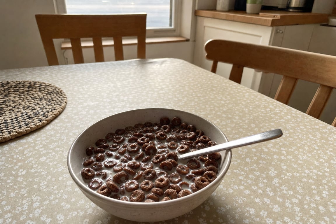 A bowl of Surreal chocolate cereal with milk by a sunny kitchen window in the morning
