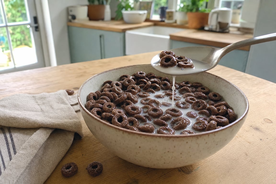An appetising bowl of Surreal chocolate cereal with milk on a kitchen table