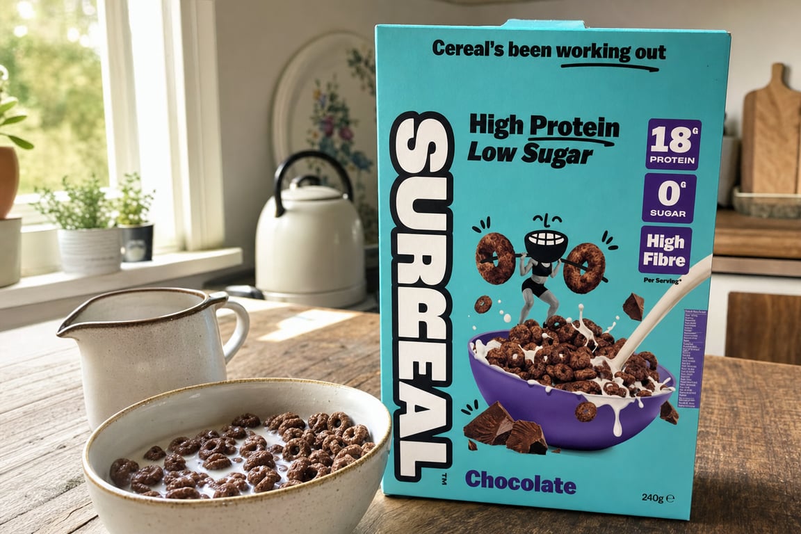 The Surreal Chocolate box on a kitchen table beside a bowl of cereal