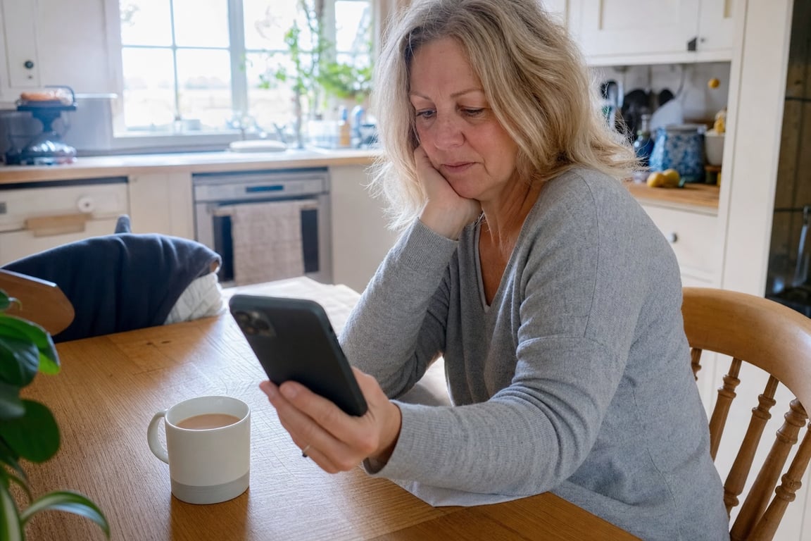 A woman in her late fifties looking thoughtfully at her phone at the kitchen table